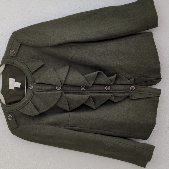 Chico's Military Army Green Ruffled Front Wool Blend Lined Jacket Blazer y2k - Picture 2 of 13
